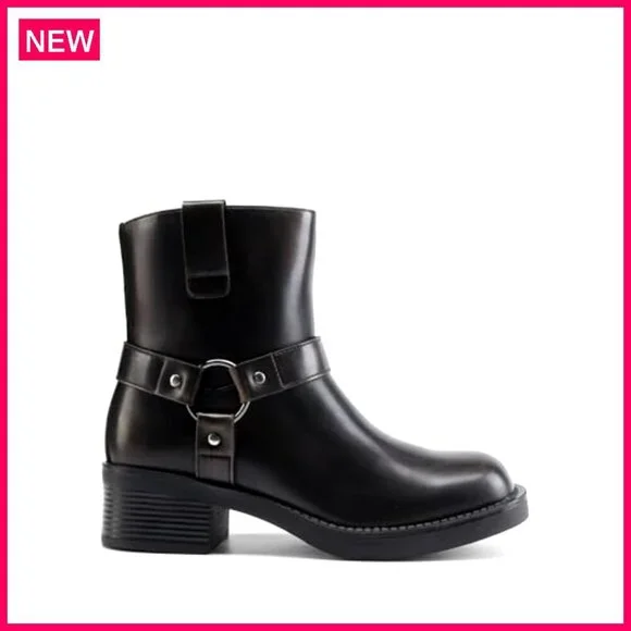 Women's Ankle Booties Motorcycle Boots Chunky Heel Side Zipper Buckles - Picture 4 of 8